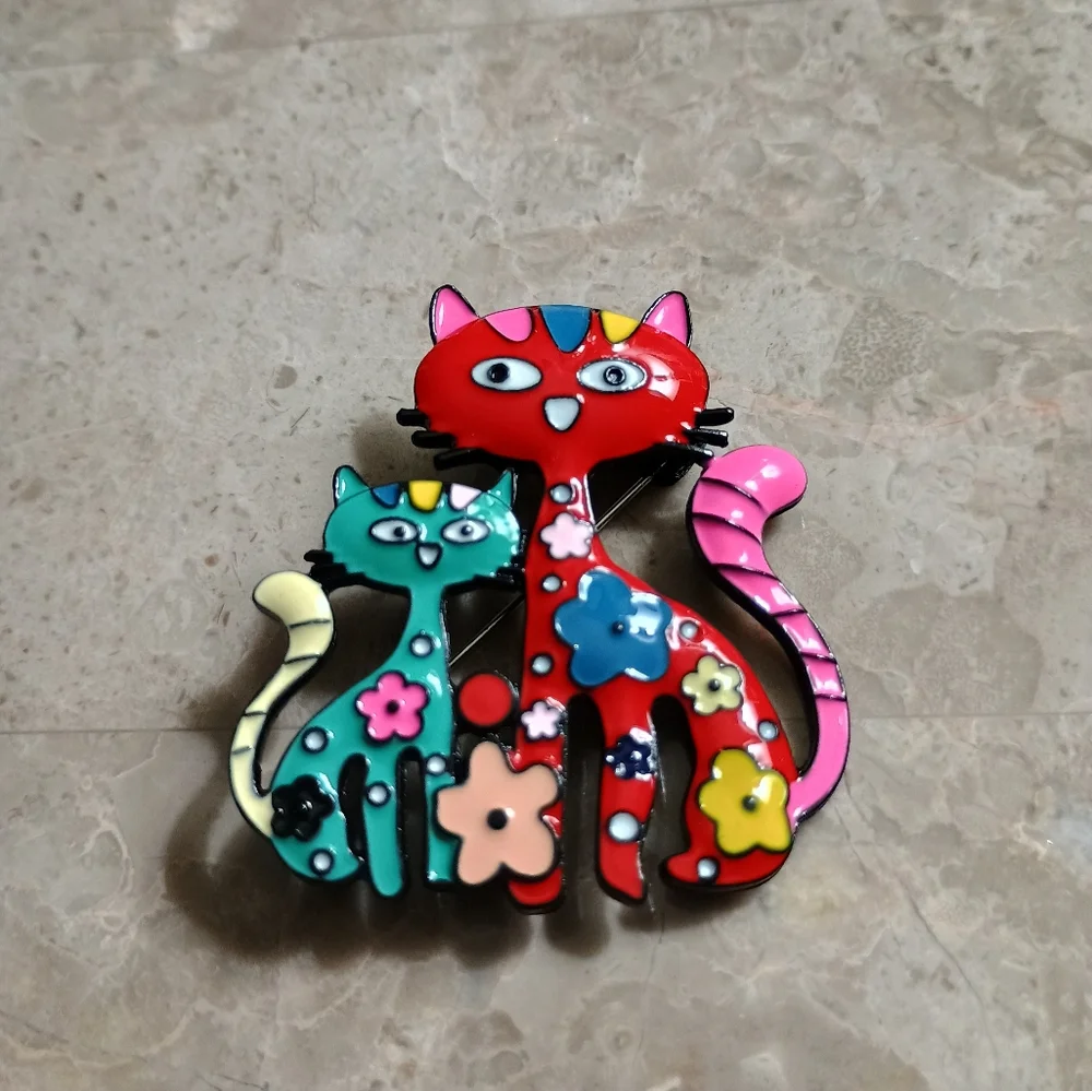 Red and Pink Cat Pin with Mosaic Design